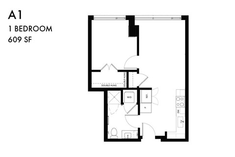 A floor plan of a one bedroom apartment.
